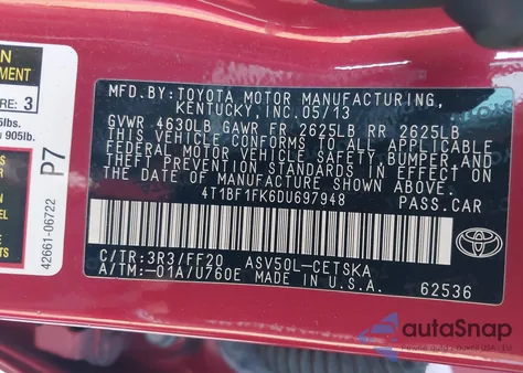 2013 Toyota Camry Se from USA, damaged, VIN 4T1BF1FK6DU697948